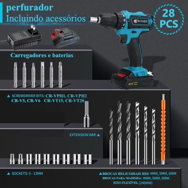 Parafusadeira/Furadeira 21V C/ Kit Maleta COM DUAS BATERIAS Kit de 28pcs